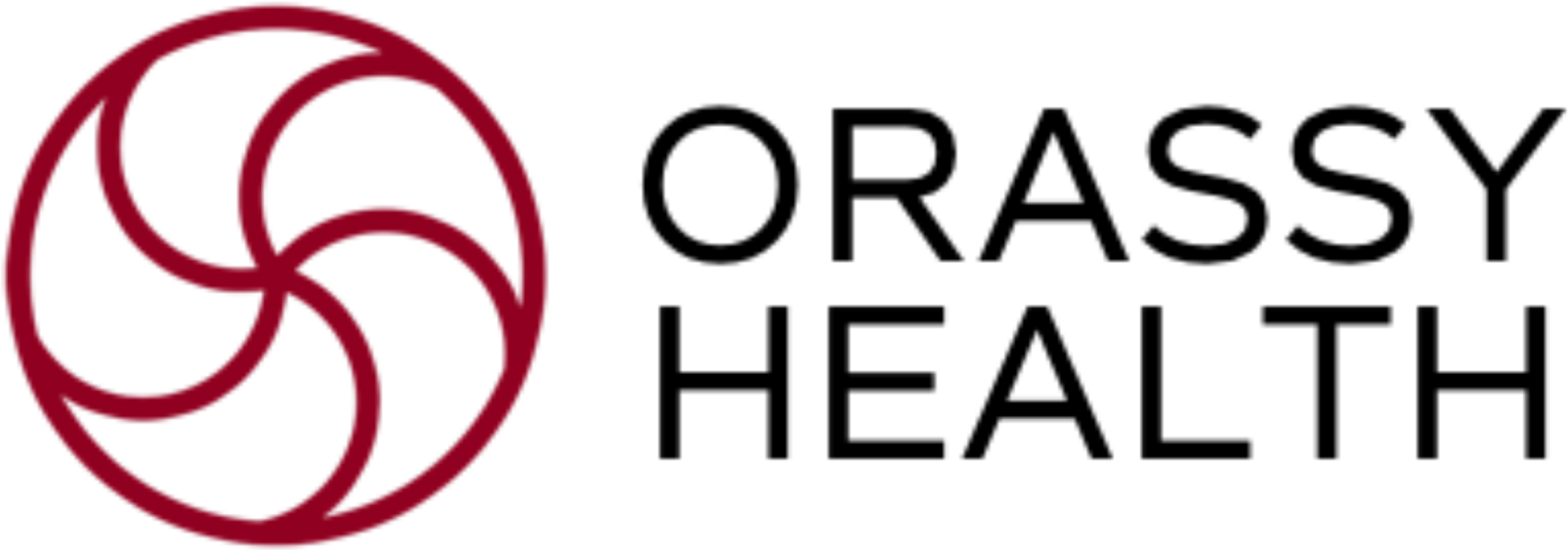 Orassy Health logo — crimson swirl mark with wordmark